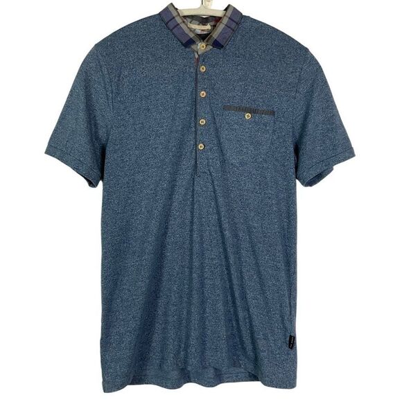 Ted Baker London Men's Polo Shirt Size M Blue Cotton Blend Plaid Collar - Picture 2 of 10